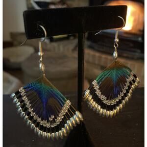 PEACOCK FEATHER GOLD OR SILVER BEADED EARRINGS 80's VINTAGE